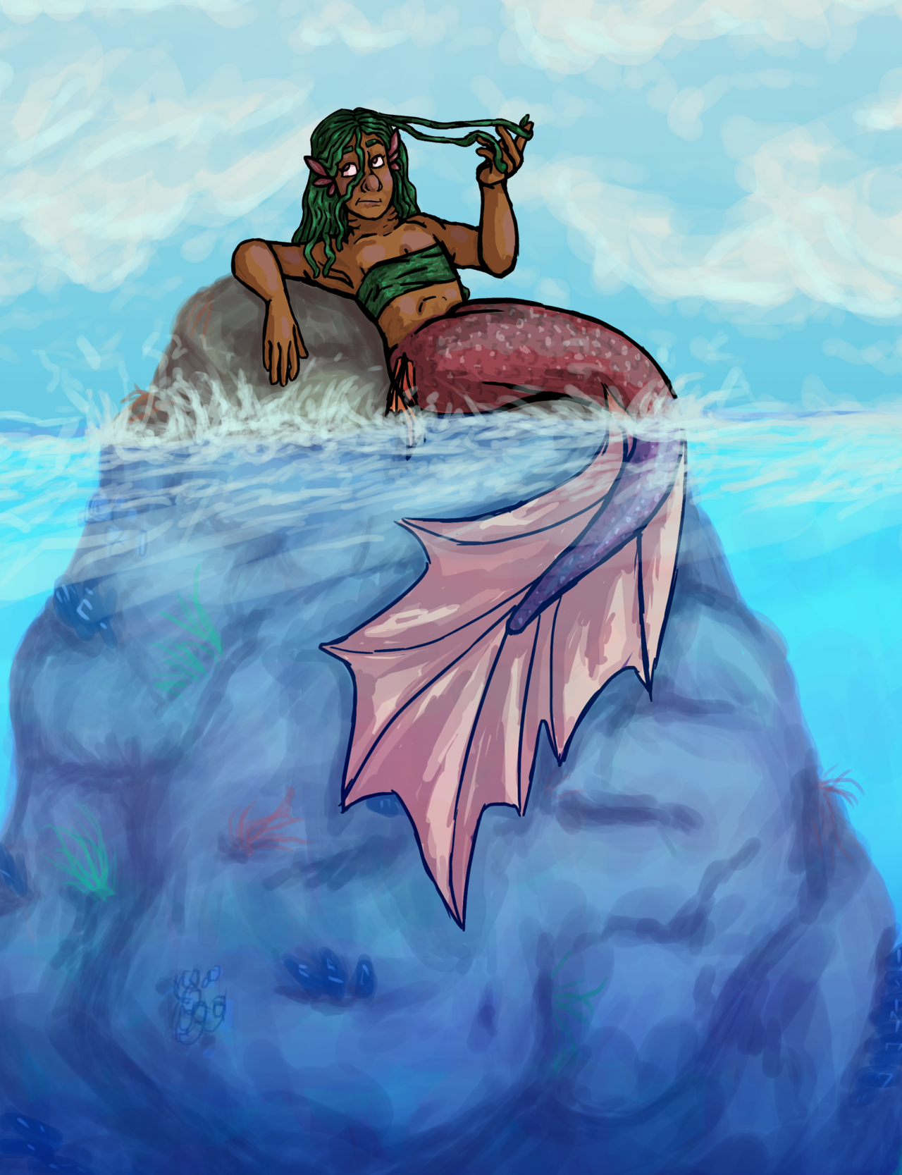 Digital illustration of a dark-skinned mermaid with green hair and a red tail lounging on a rock.